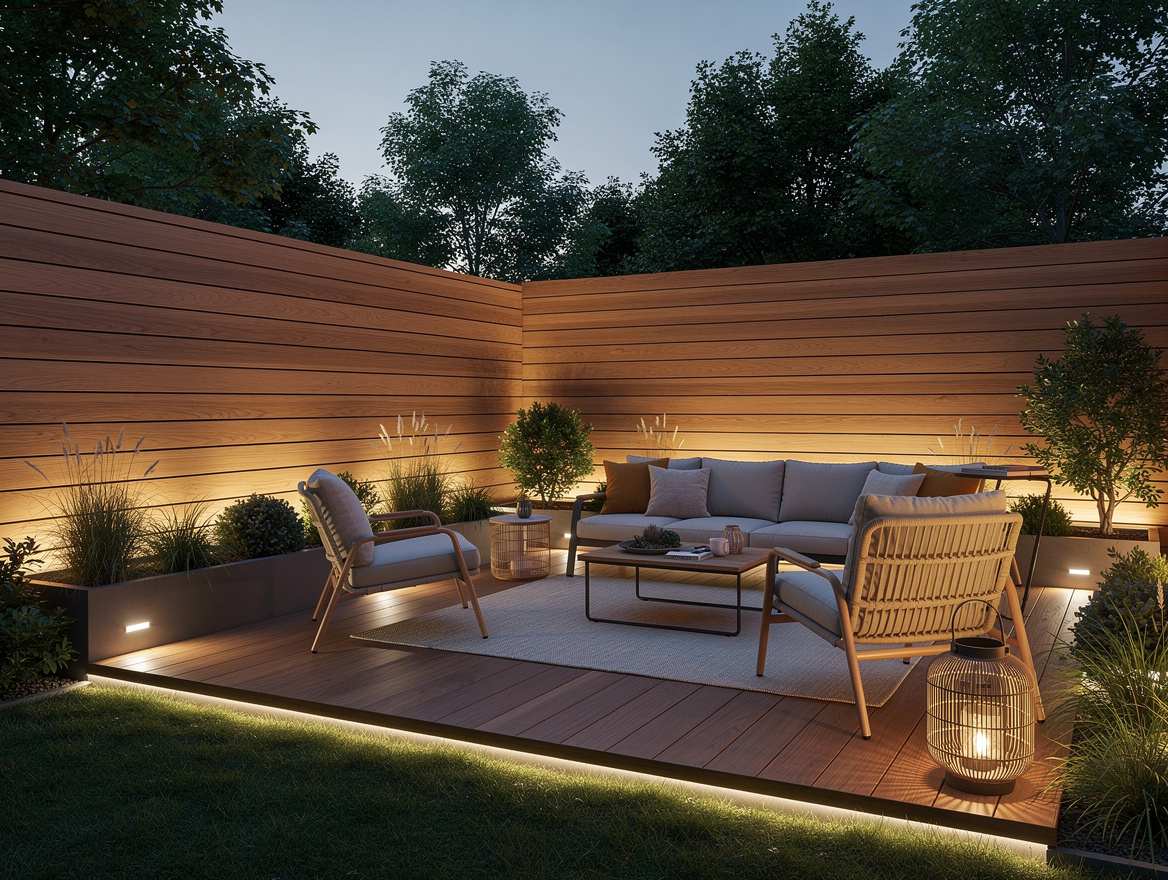 Wide ambient photo of a small yard at dusk with layered perimeter lighting, wood