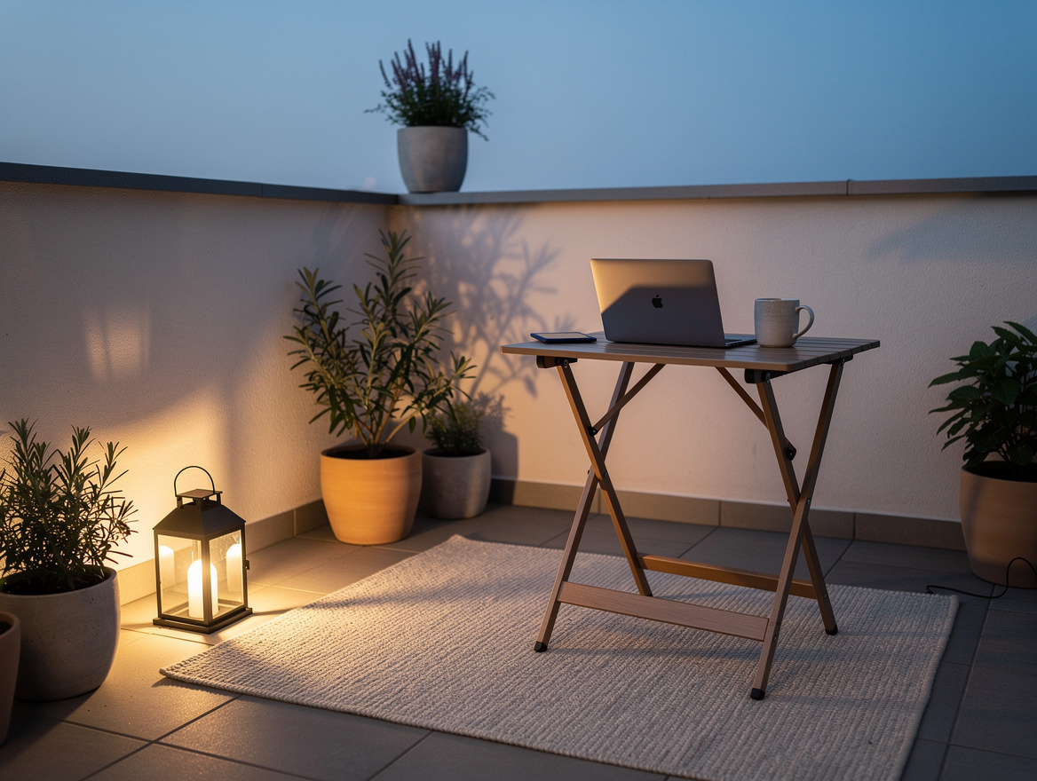 Realistic wide ambient photo of a tiny patio corner turned into an outdoor offic