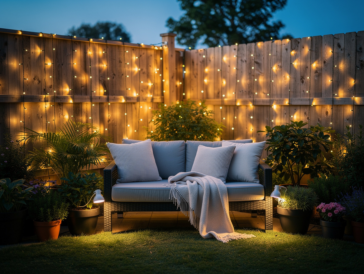 wide ambiance of intimate backyard corner with twinkling fence backdrop, outdoor