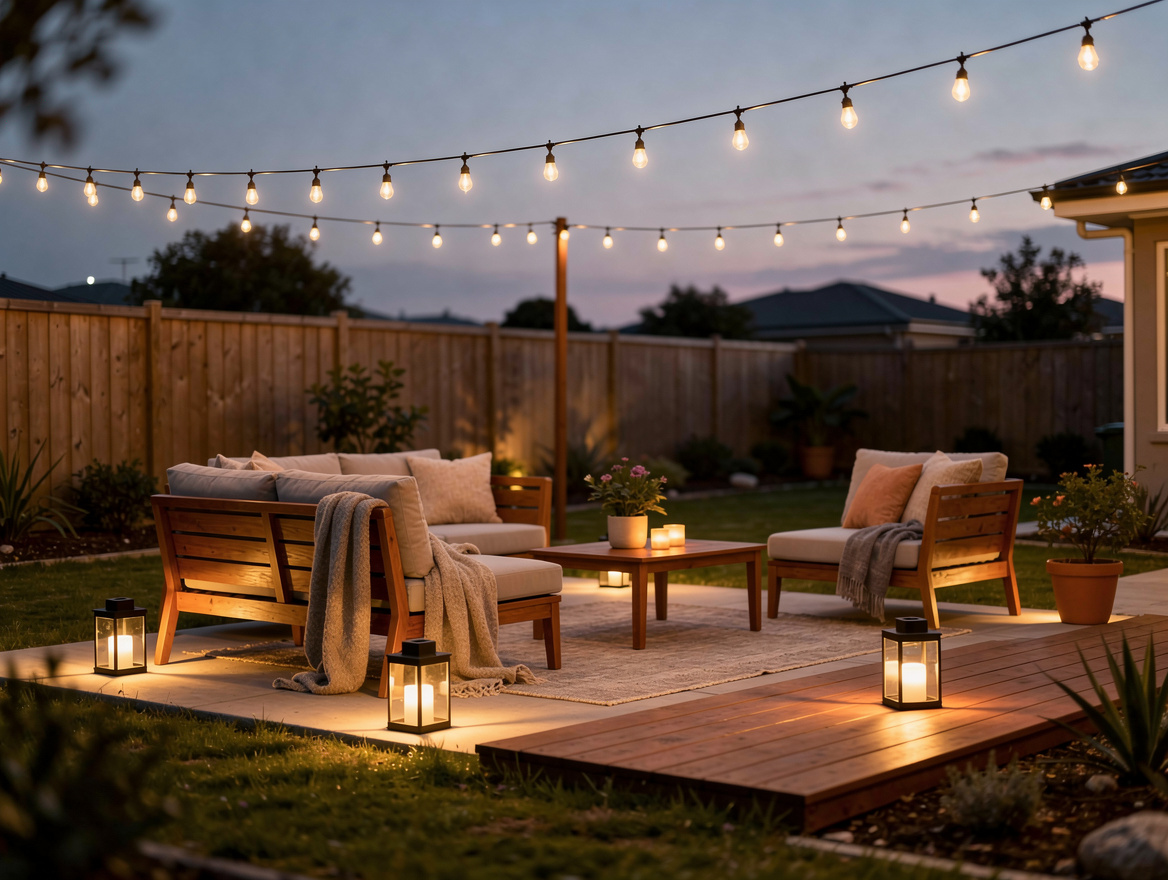 Wide ambiance photo of a resort-style backyard retreat at dusk, warm LED string