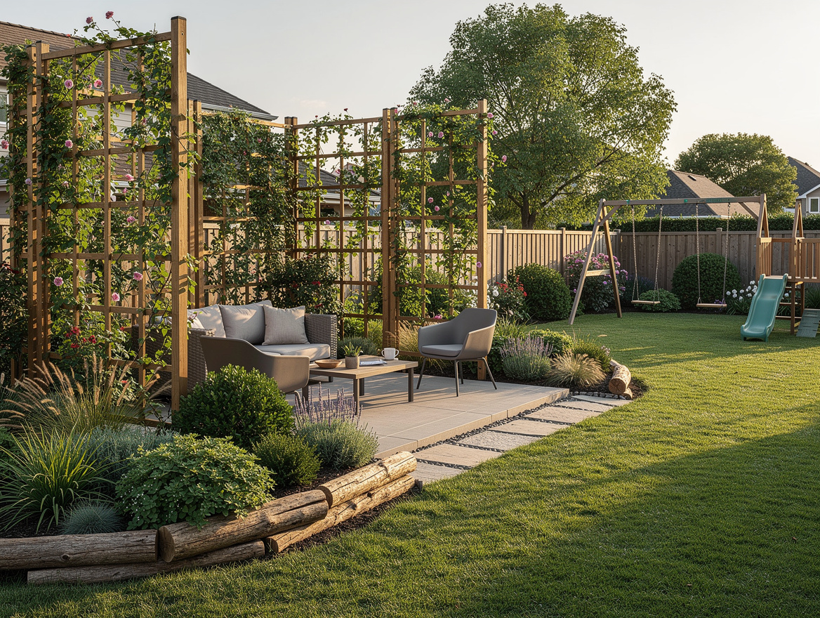 Wide ambiance photo of a divided backyard with trellis planters, a low log borde