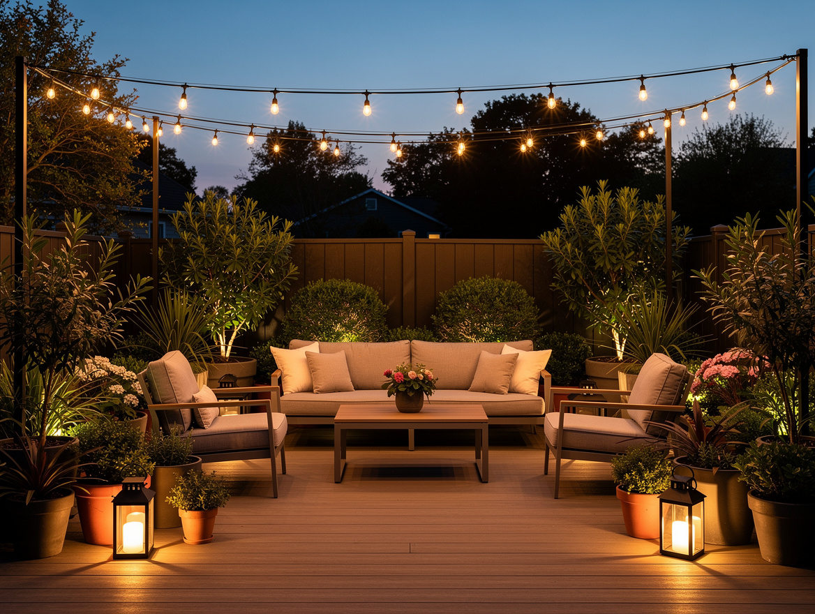 Wide ambiance photo of an American patio at blue hour, low-hung string lights ov