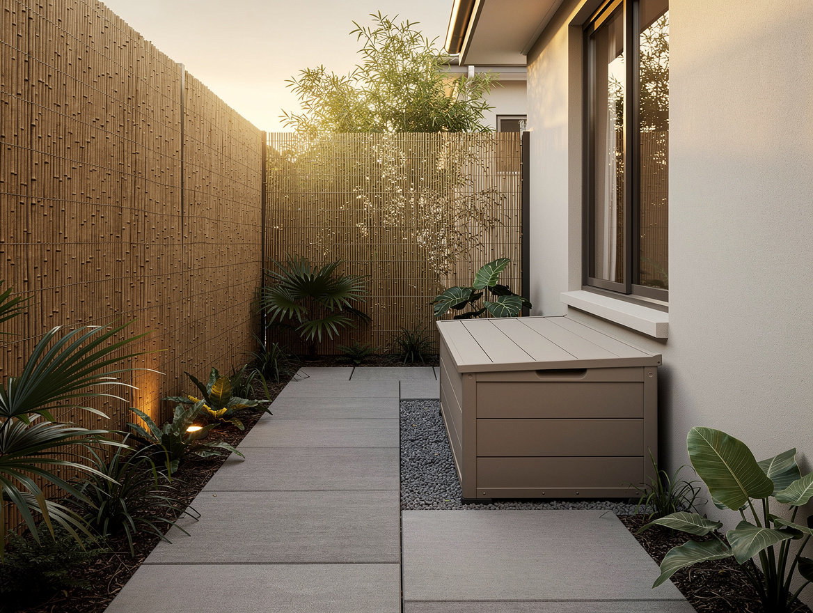 Wide ambiance photo of a slim side yard styled like a mini resort utility nook,
