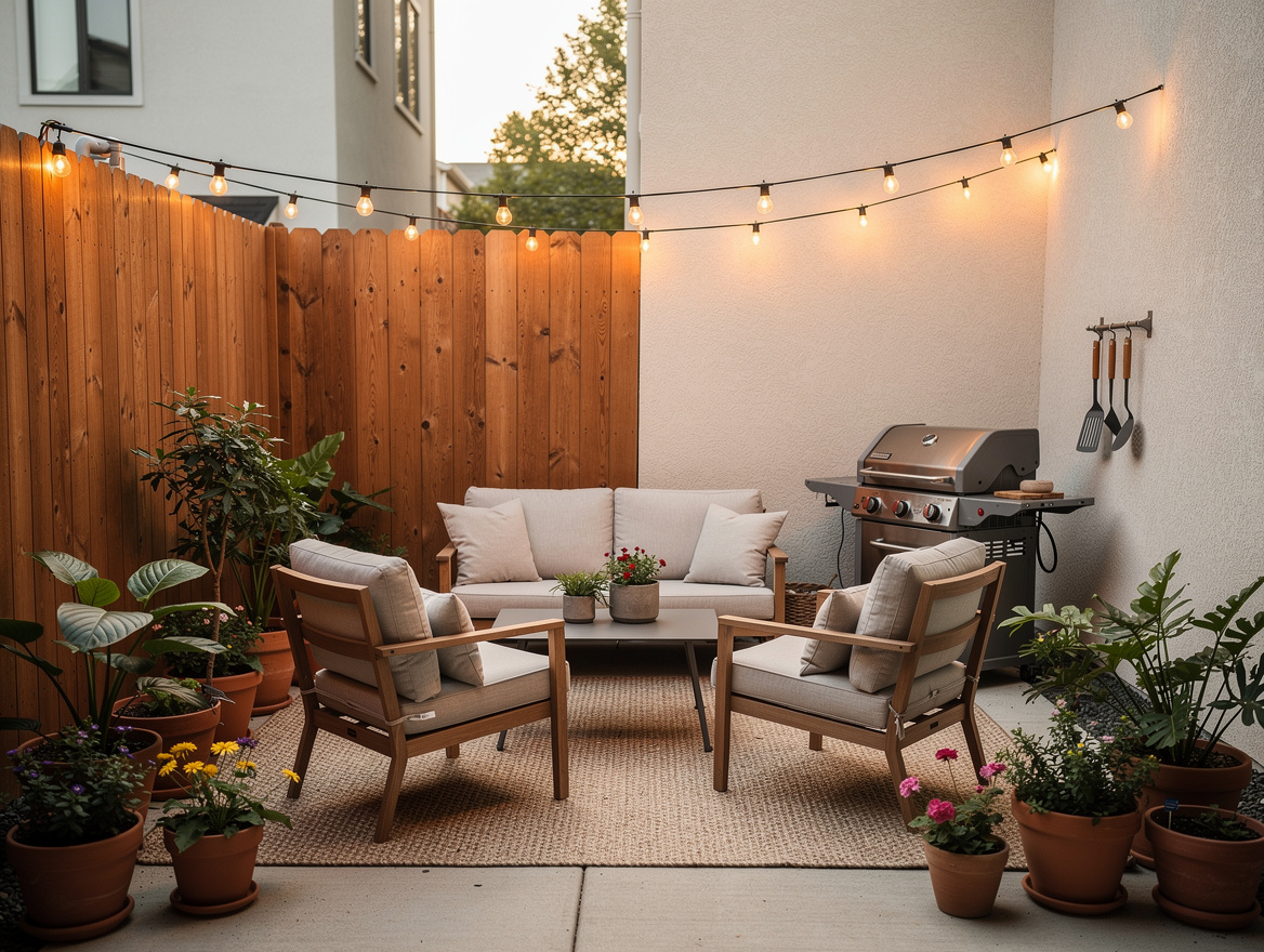 Wide ambient view of a tiny patio styled as a summer gathering spot with warm ca