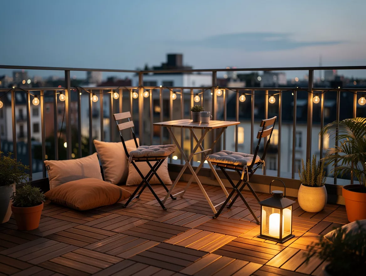 Wide ambiance photo of a cozy apartment balcony at dusk with removable flooring,