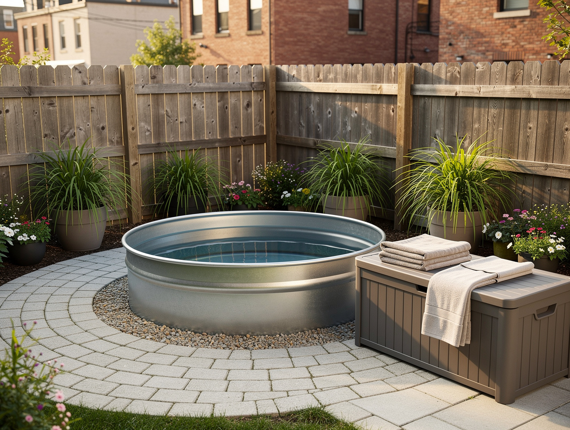 Wide ambiance photo of a semi-in-ground stock tank plunge pool with circular pav