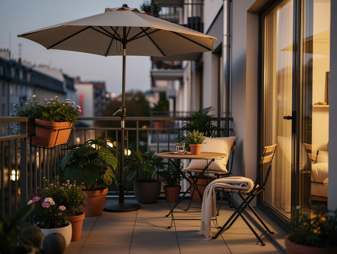 Wide ambiance photo of a small apartment balcony with a collapsible freestanding