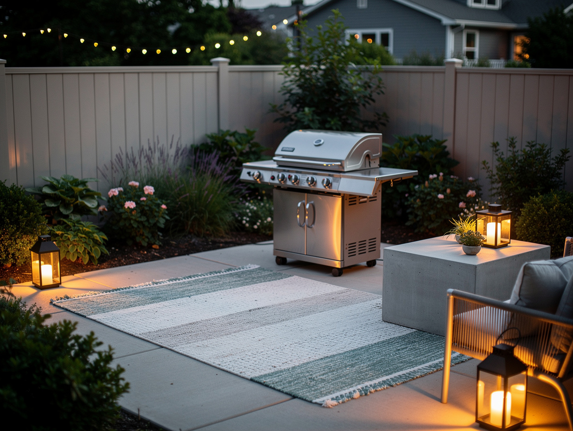 Wide ambiance photo of a small backyard at dusk styled like a boutique resort, c