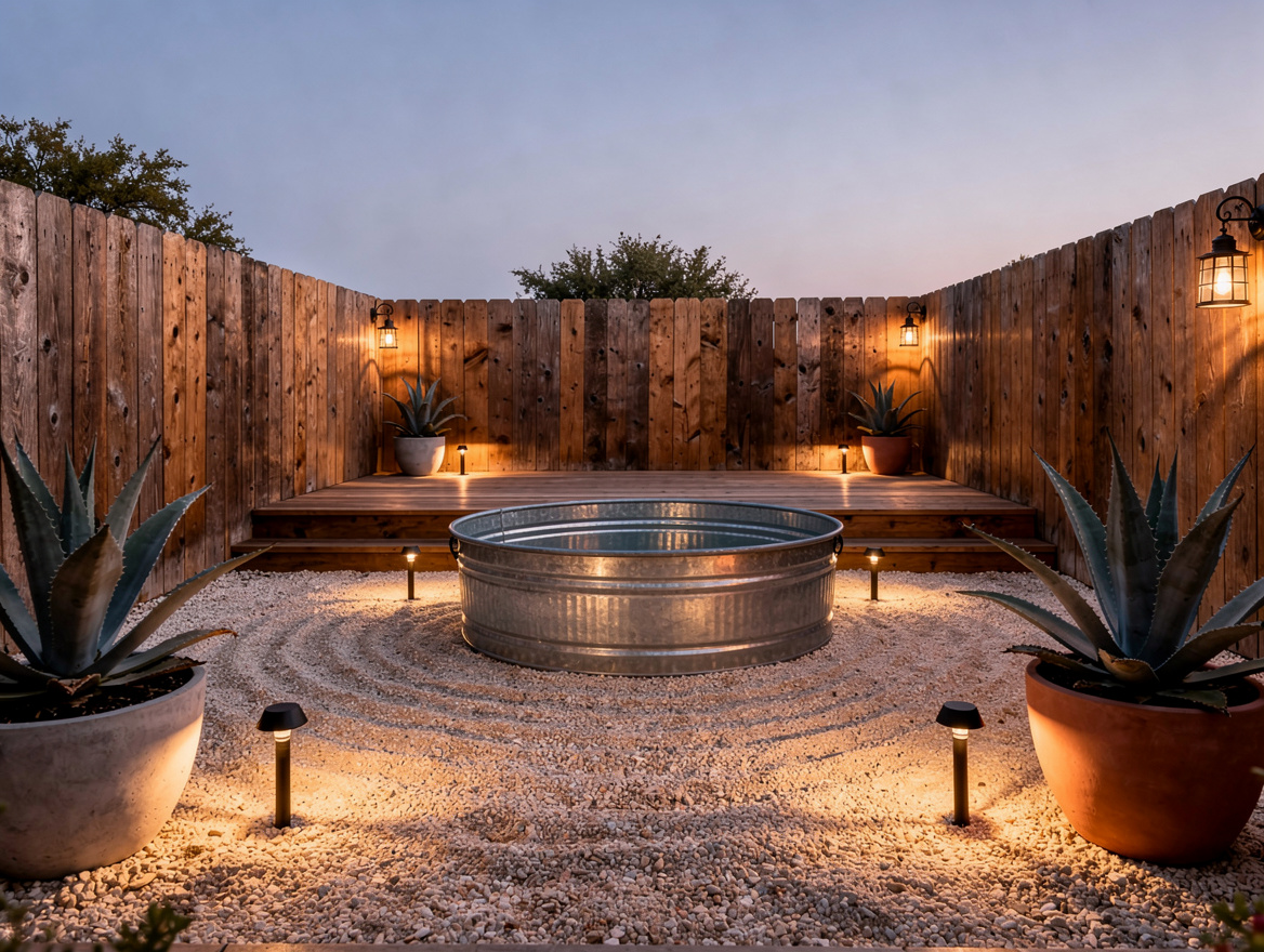 Wide ambient editorial photo of a small American backyard at dusk with stock tan