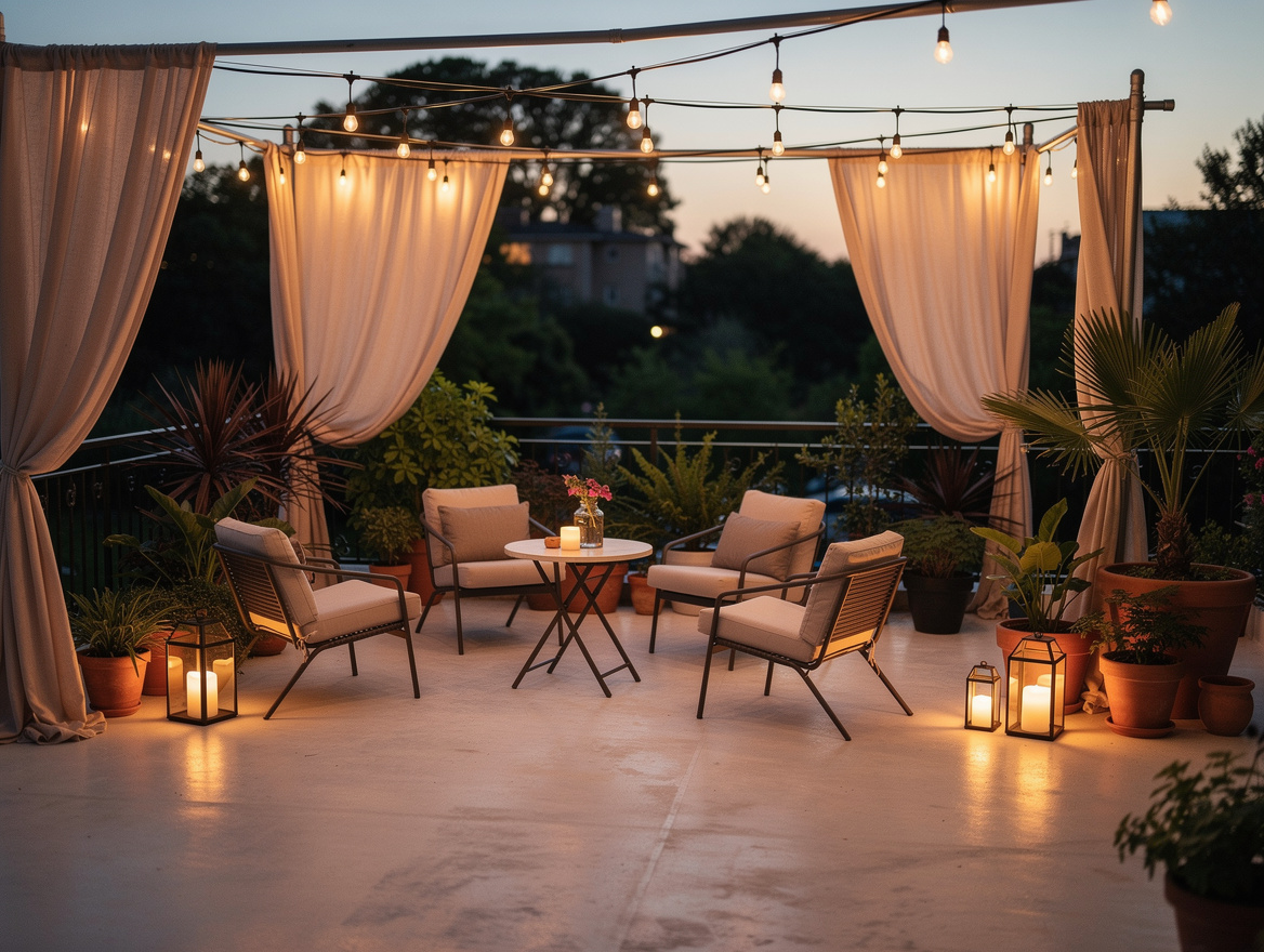 wide ambiance shot of full small patio at dusk with string lights and drop cloth