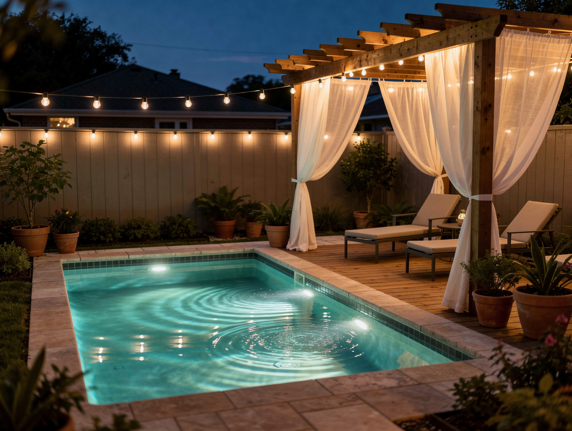 evening ambiance shot of a small backyard pool area with solar string lights glo