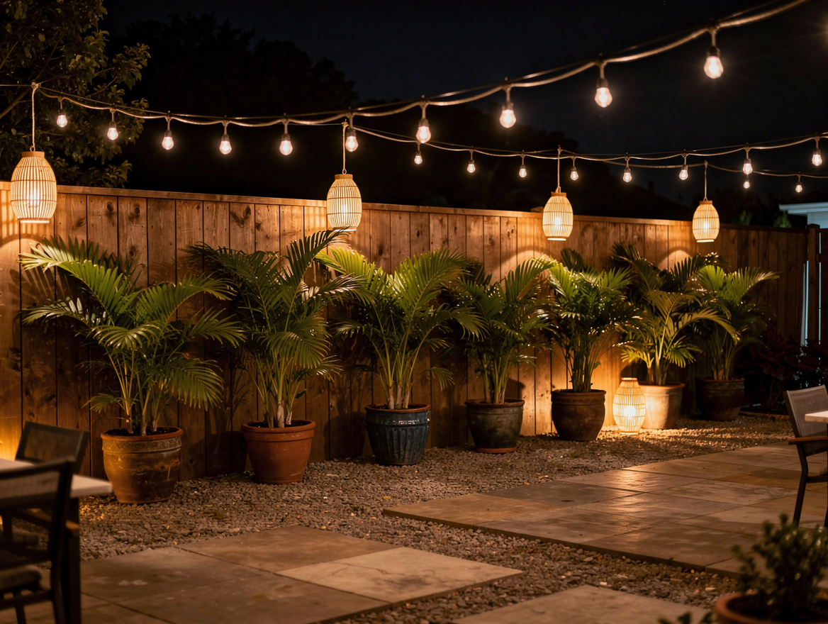 Realistic wide ambient shot of a backyard at night lit by warm 2700K edison stri