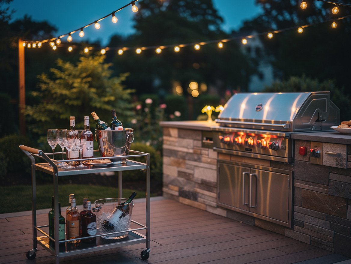 evening ambiance shot of outdoor kitchen zone with string lights, drinks on bar