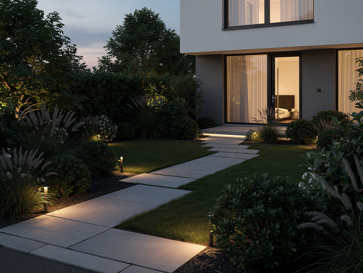 wide ambient shot of a front yard at dusk with layered shrubs, reduced lawn, and