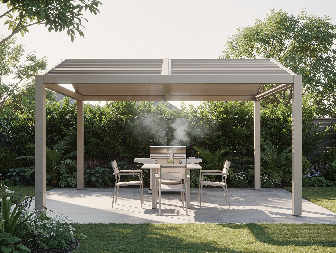atmospheric wide shot of pergola with vented double roof and open sides, light-c