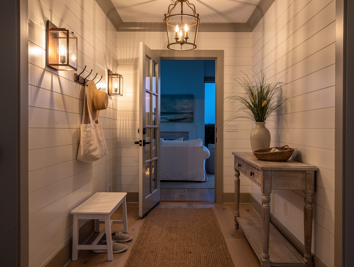 ambient wide shot of coastal-style entry hall at dusk, lantern glow, striped sha