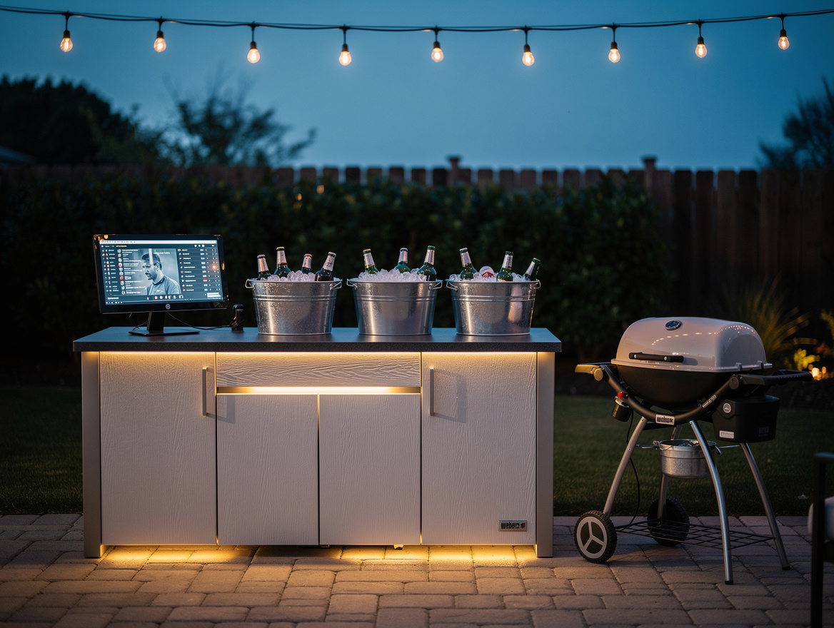 ambient wide shot of outdoor bar area at dusk, Keter resin cabinet with galvaniz