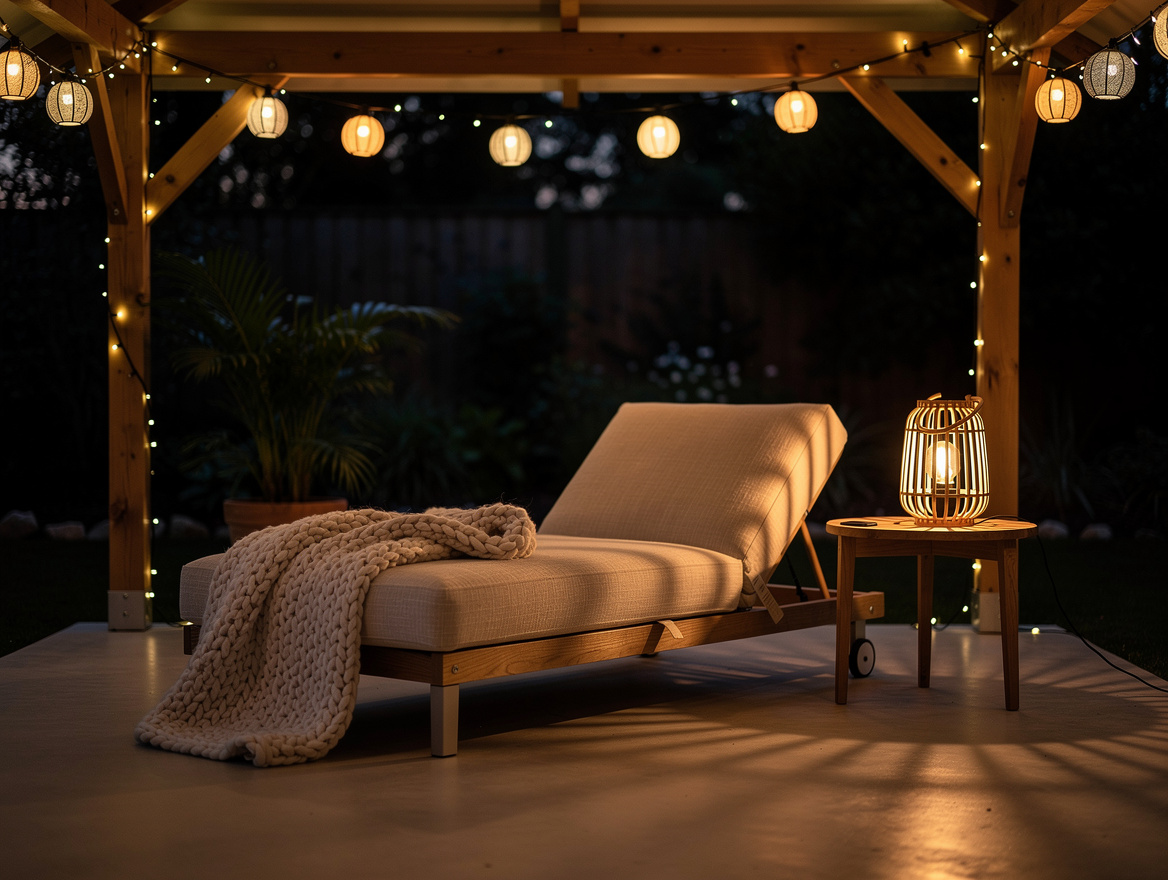 ambient evening scene inside cabana, IKEA SOLVINDEN solar string lights glowing,
