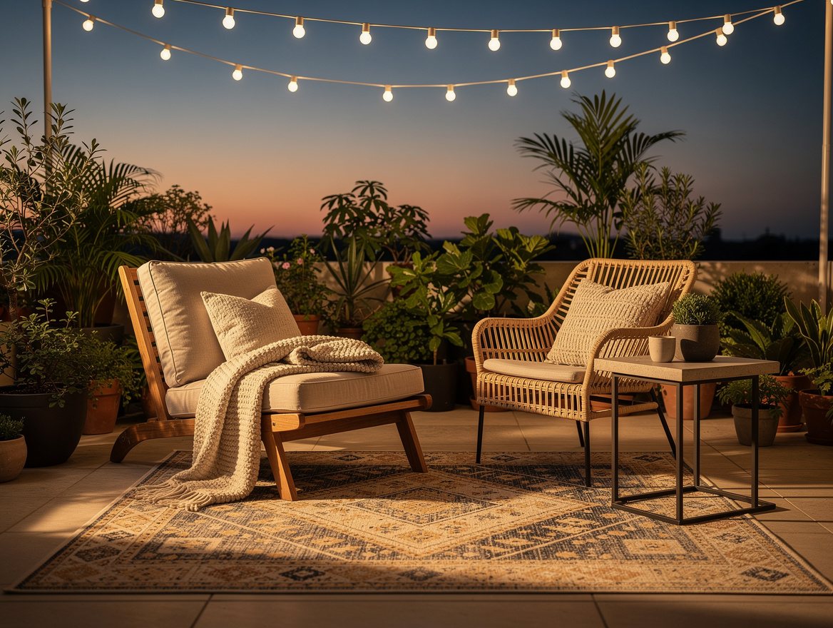 wide ambiance shot of an outdoor reading nook under string lights with scaled-up