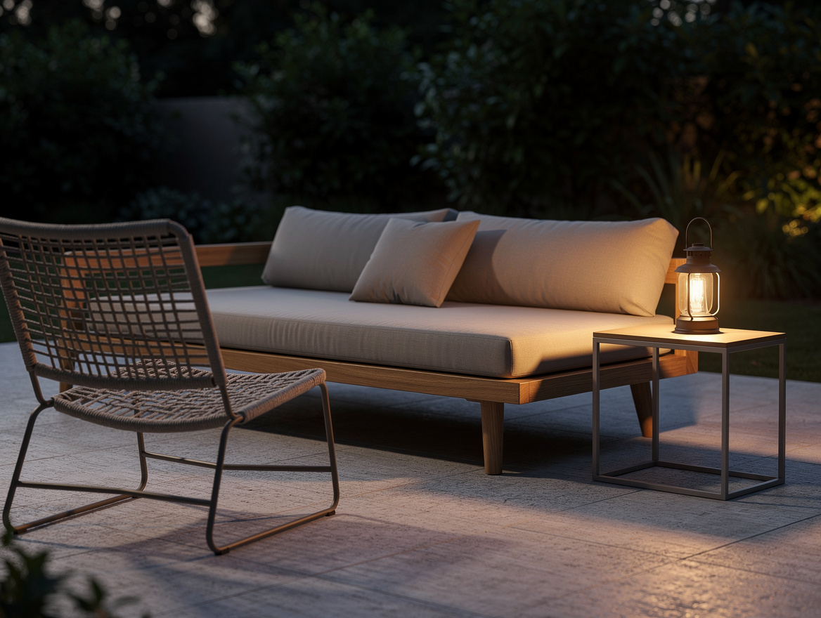 Atmospheric evening shot of mixed-material outdoor seating area, teak daybed wit