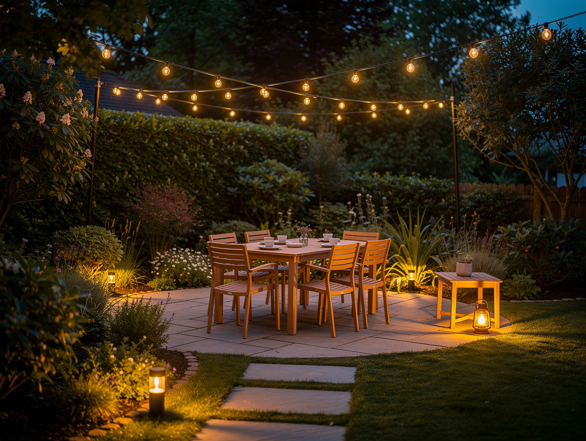 Atmospheric evening shot of layered backyard lighting with string lights, path l