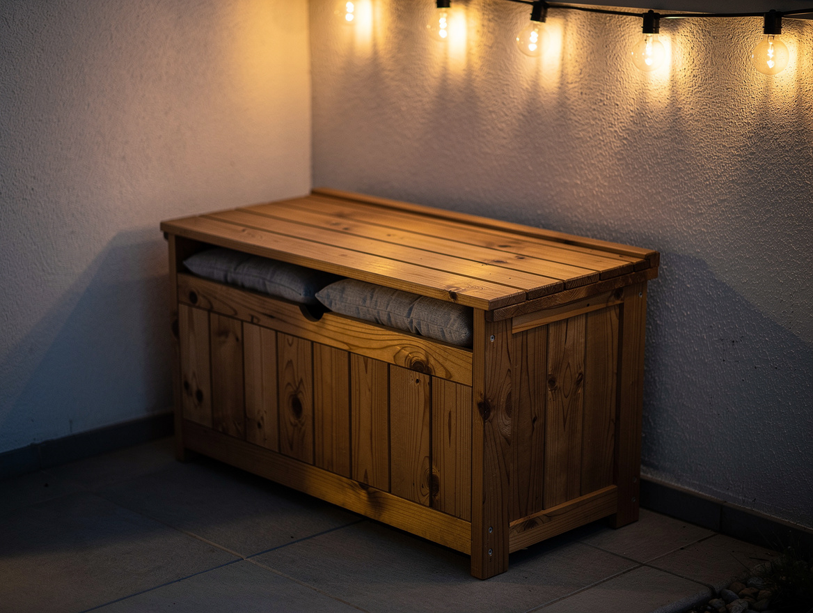 atmospheric evening shot of completed bench with lid closed, string lights above