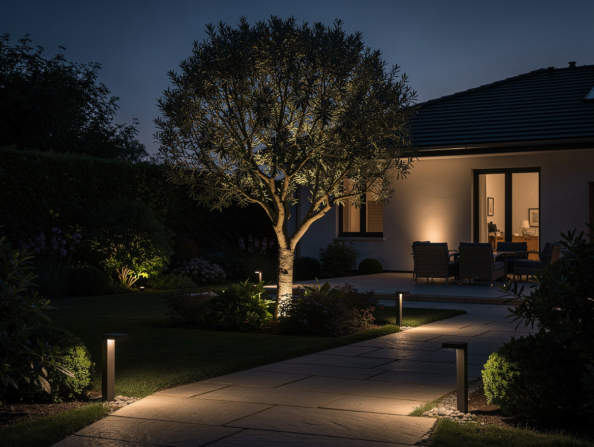 wide atmospheric shot of layered backyard lighting: path lights, hidden tree upl