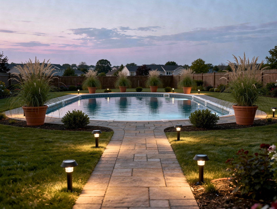 wide backyard ambiance showing above-ground pool with landscaping, solar LED pat