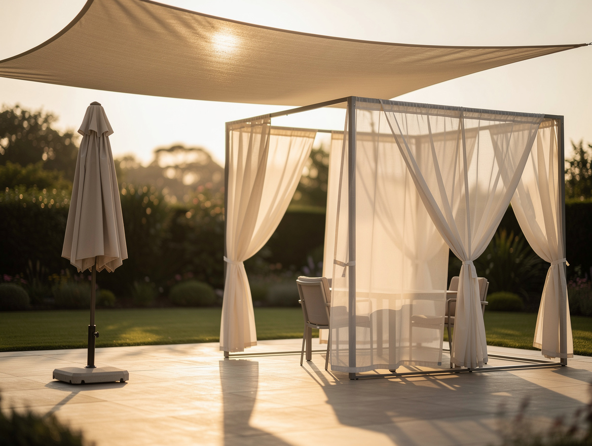 wide atmospheric shot of a patio at golden hour with layered temporary shade: sa