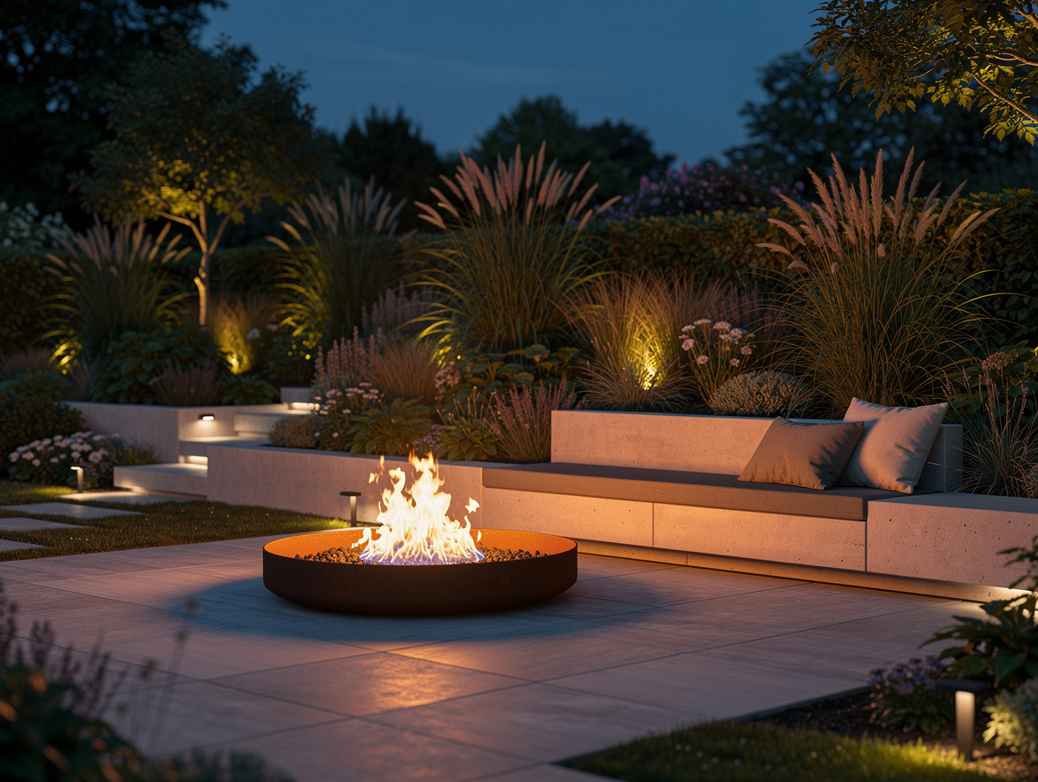 Atmospheric evening garden scene with built-in concrete bench, steel fire bowl,