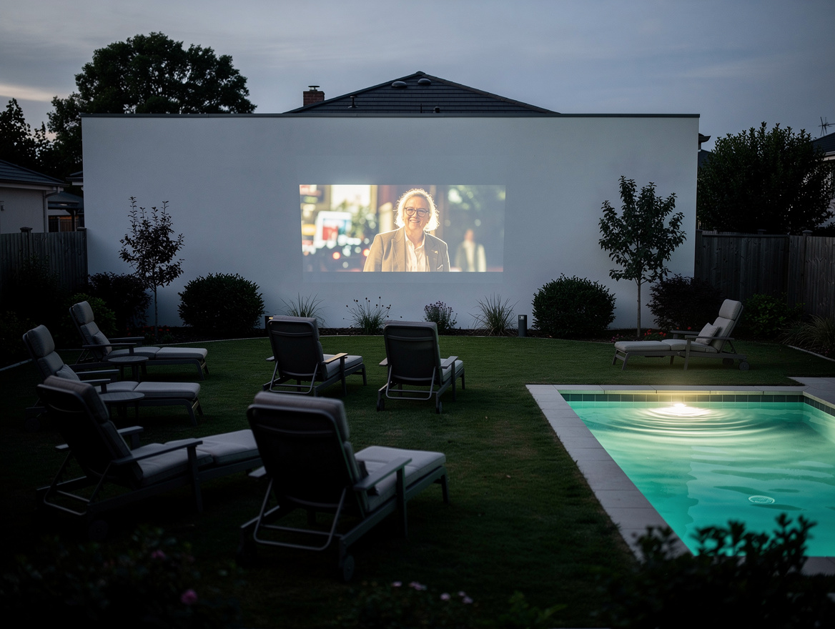 wide ambient shot of backyard movie projection on white painted wall, lawn chair