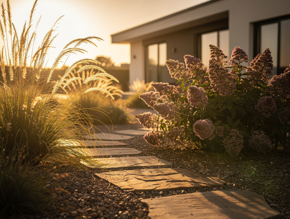 atmospheric wide shot of drought-tolerant garden at golden hour, ornamental gras