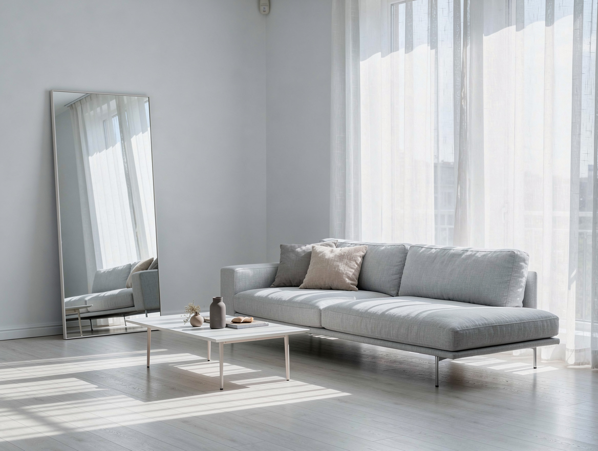 Atmospheric wide shot of pale cool-toned living room with minimal furniture, vis