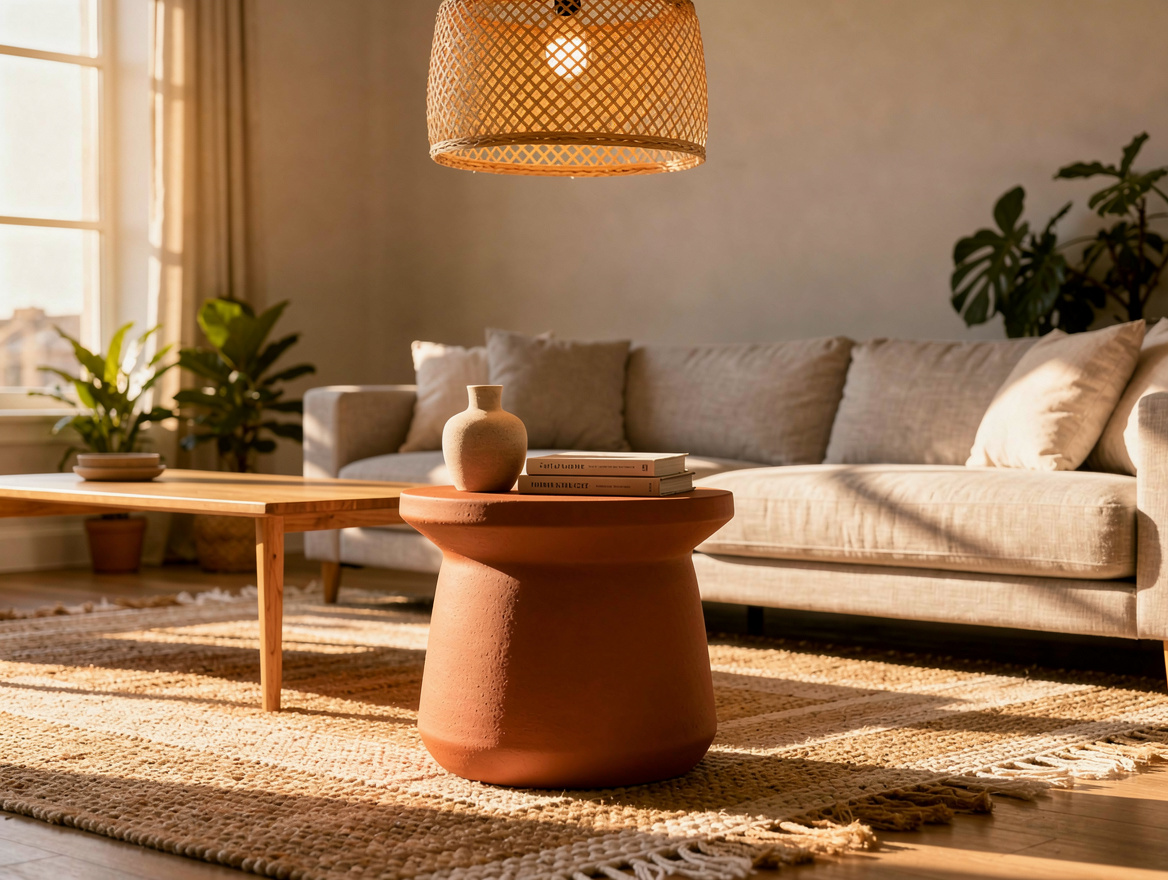 ambient wide shot of warm rental living space with terracotta ceramic side table