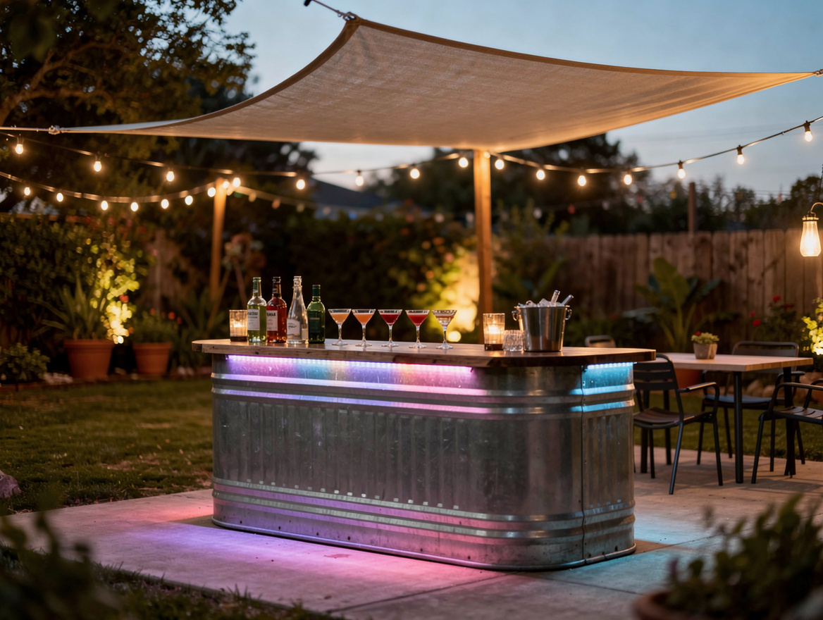 ambient evening shot of stock tank bar with LED underglow, shade sail roof, drin