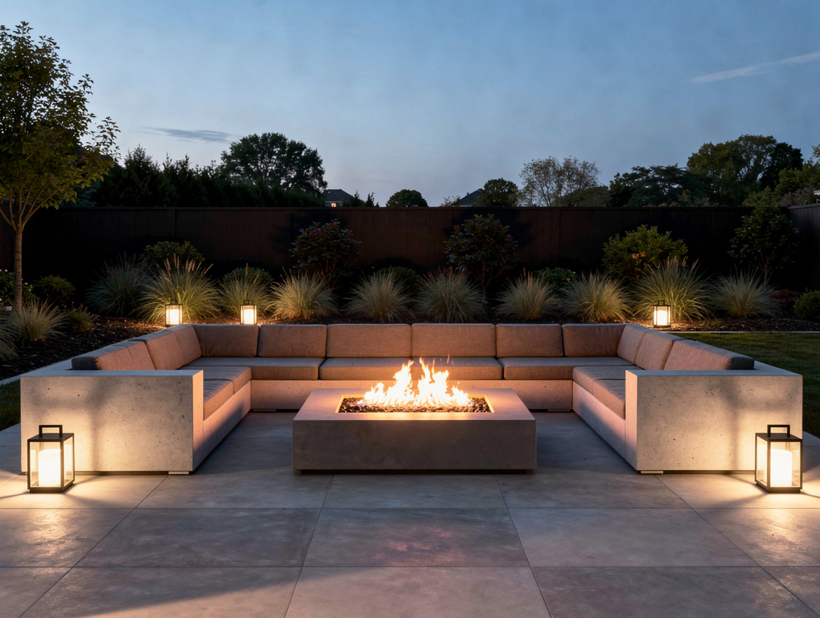 atmospheric wide shot of backyard fire pit zone at blue hour, low LED lanterns o