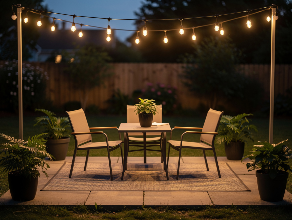 Atmospheric backyard photo at dusk with warm white string lights, simple planter
