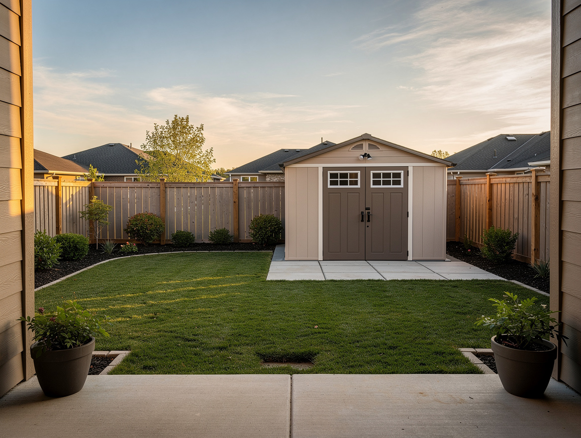 wide atmospheric realistic photo of an organized suburban backyard with resin sh
