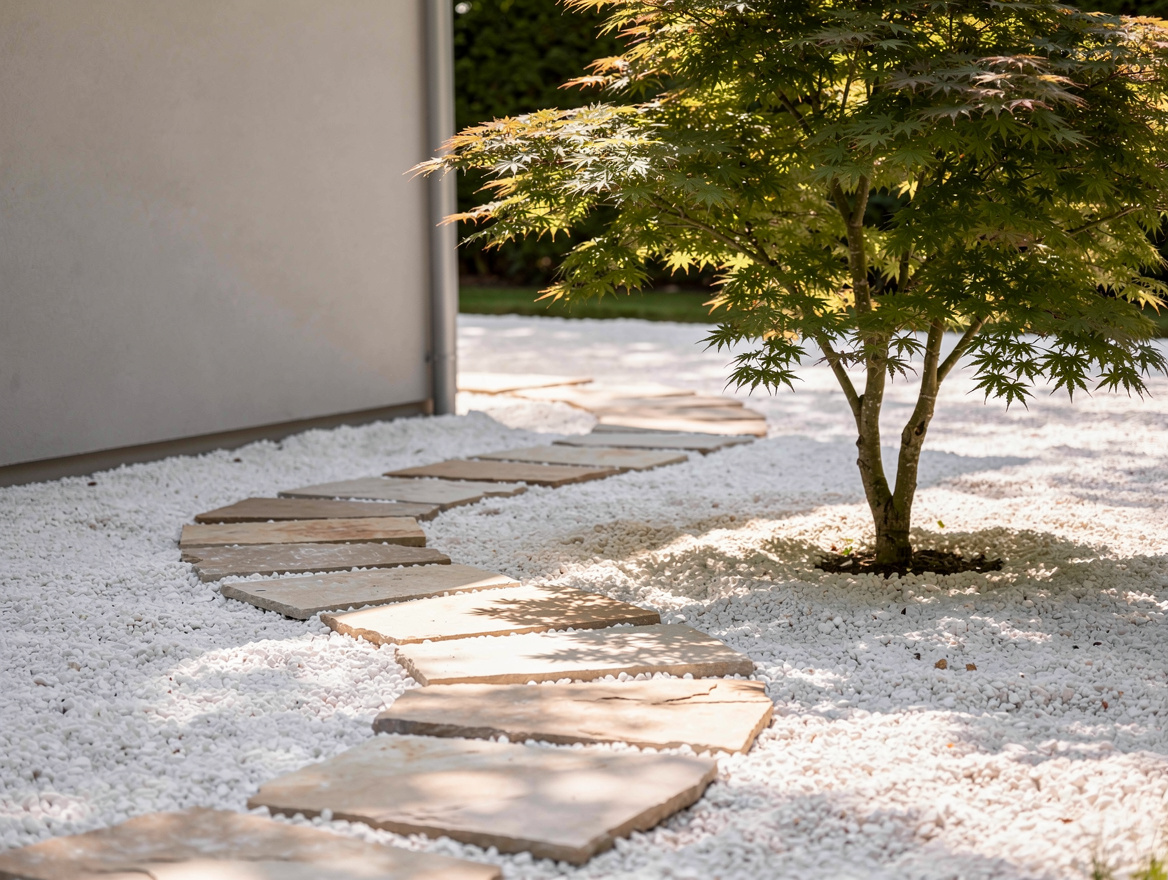 atmospheric wide shot of shaded side yard with light flagstone path, young Japan