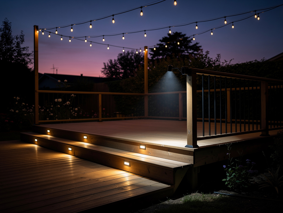 Atmospheric wide photo of a simple wood deck after sunset with warm string light