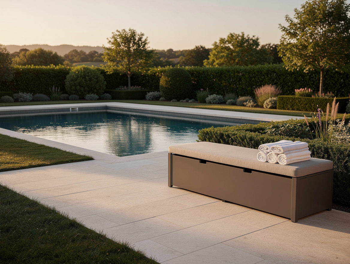 Realistic wide ambiance photo of a calm suburban pool patio with hidden storage,