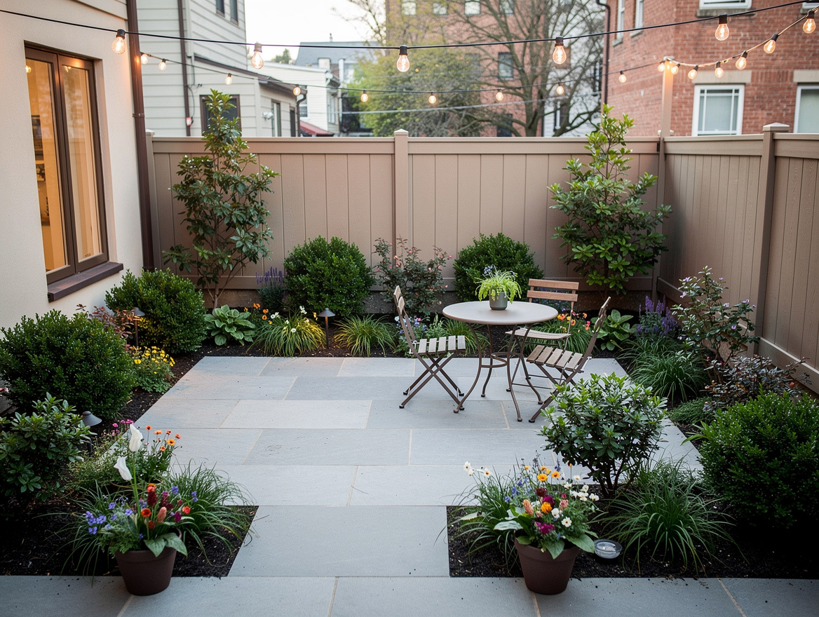Wide ambiance photo of a tiny urban backyard with a 10x10 patio, small bistro se
