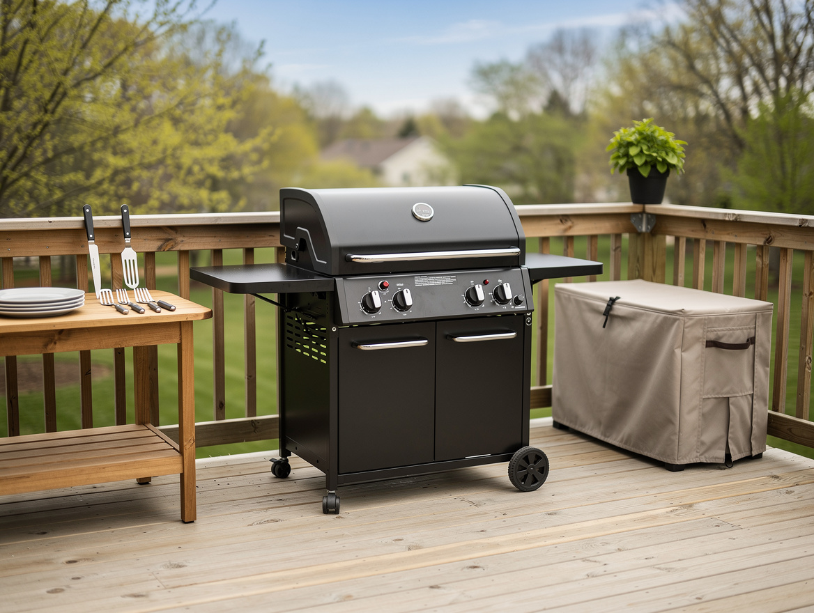 Wide ambiance photo of a clean matte black grill on a modest deck with prep tabl