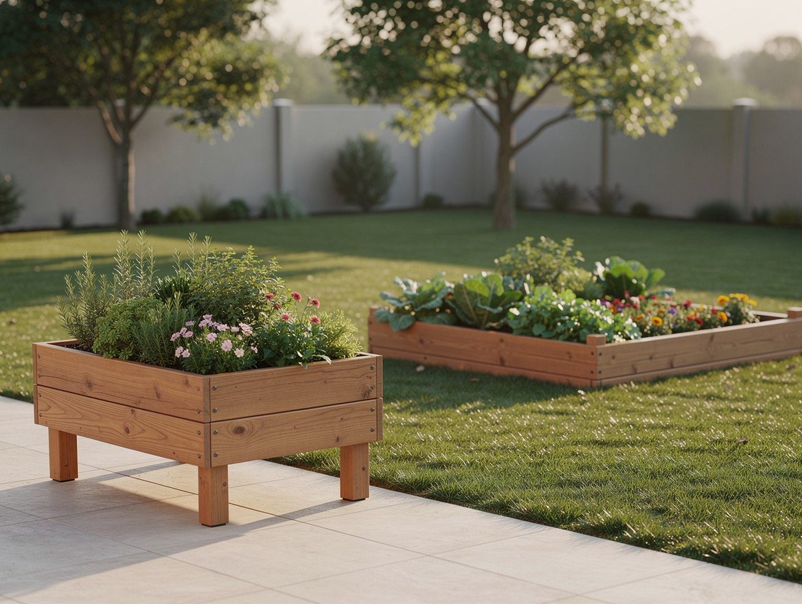 Wide ambient backyard scene with an elevated planter on legs near a patio and a