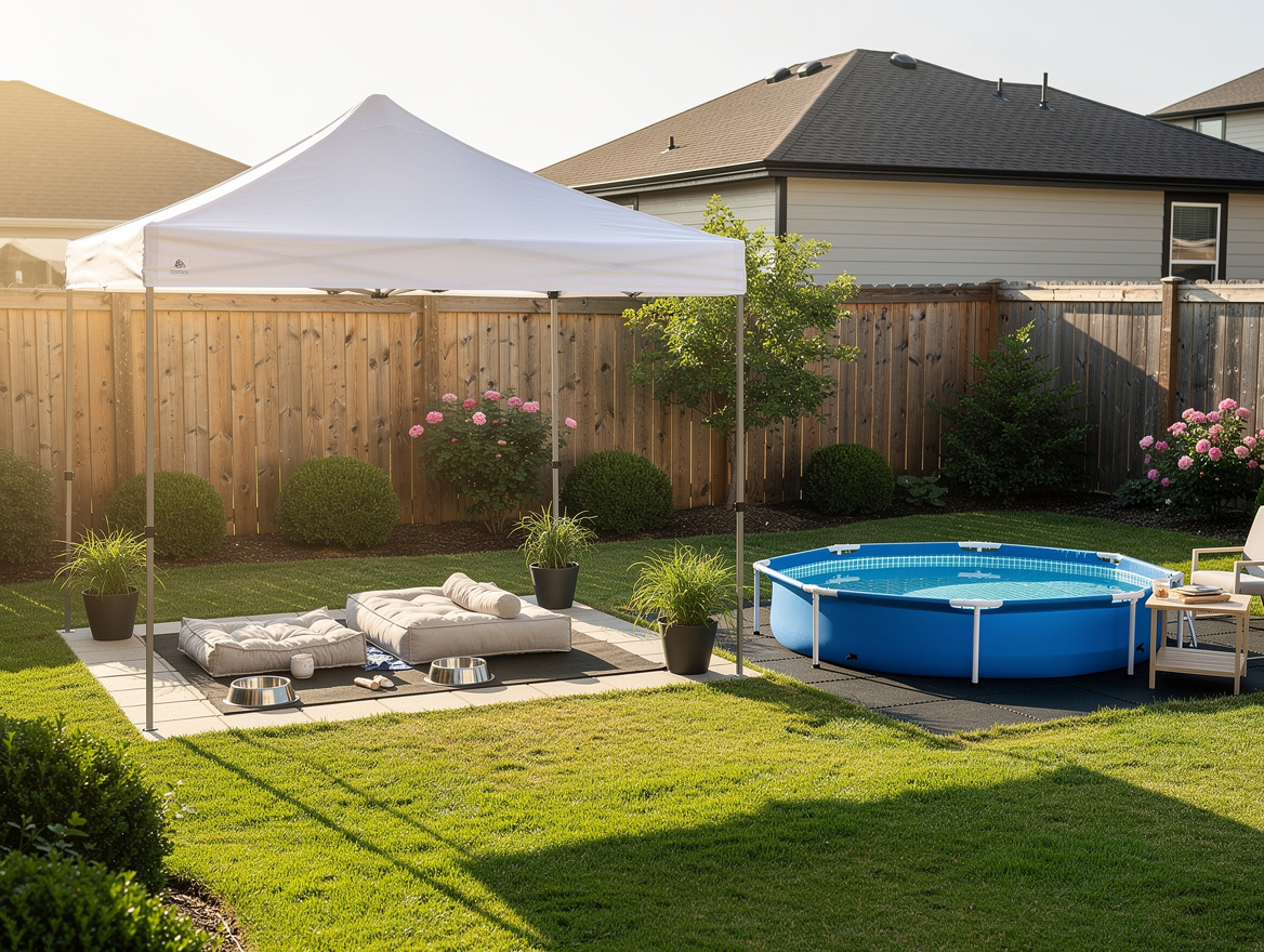 Wide ambient backyard scene during a summer heat wave setup, pop-up canopy over