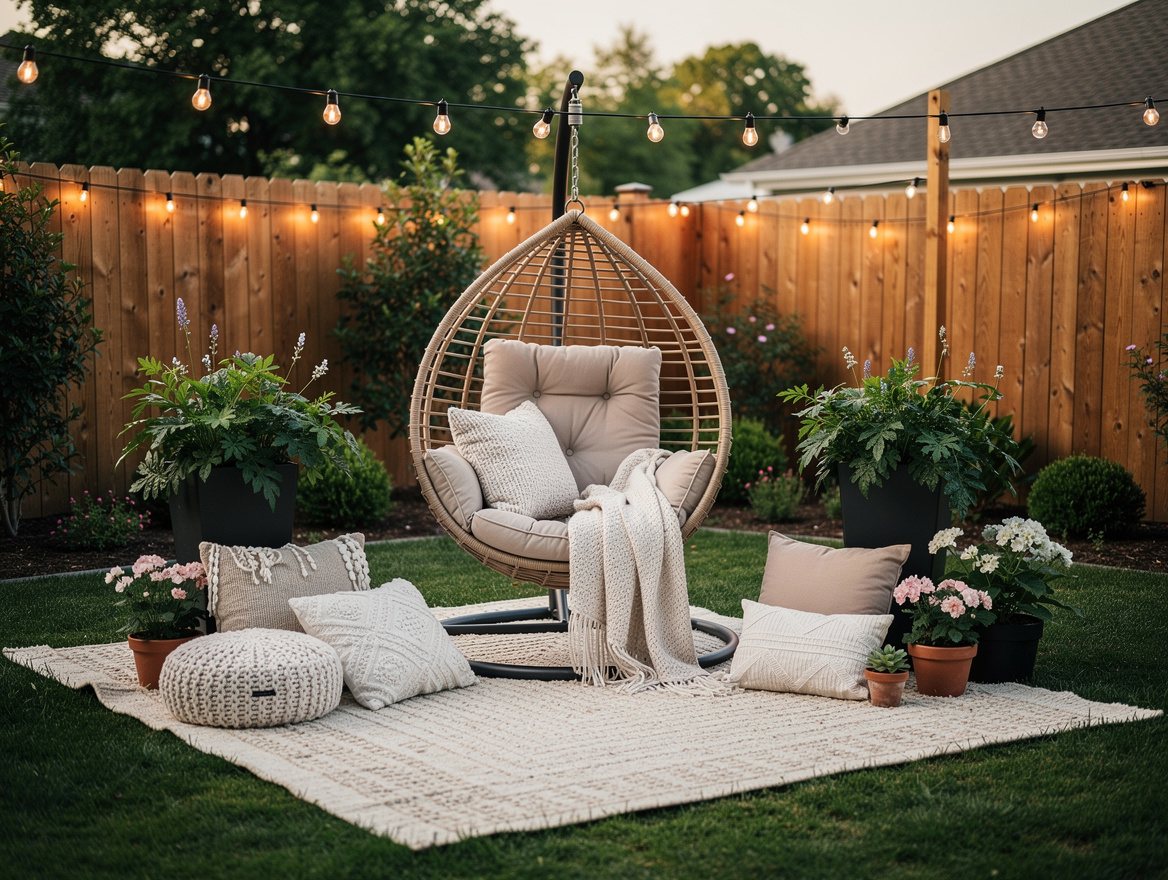 Wide ambiance photo of a summer backyard reading pod with a hanging egg chair, t