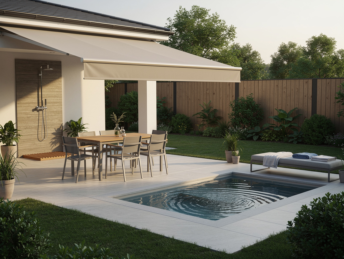Wide ambient backyard scene with retractable awning, shaded dining set, outdoor