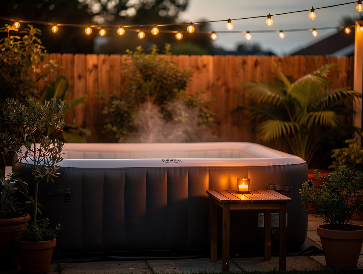 atmospheric evening shot of backyard resort setup, festoon lights strung overhea