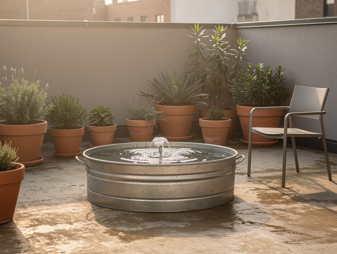 Wide ambiance photo of a small urban patio during a heat wave with a compact gal