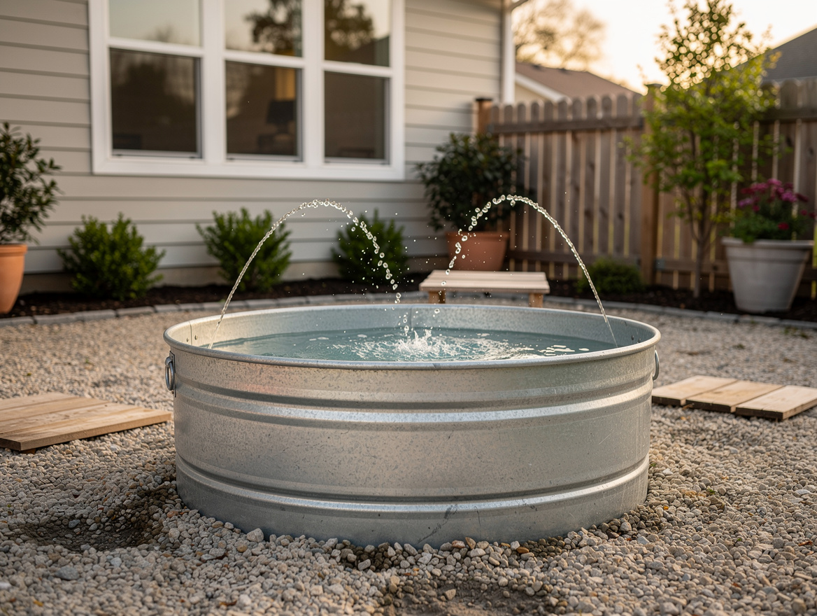 Wide ambient backyard photo of a removable stock tank splash pad with gentle rec